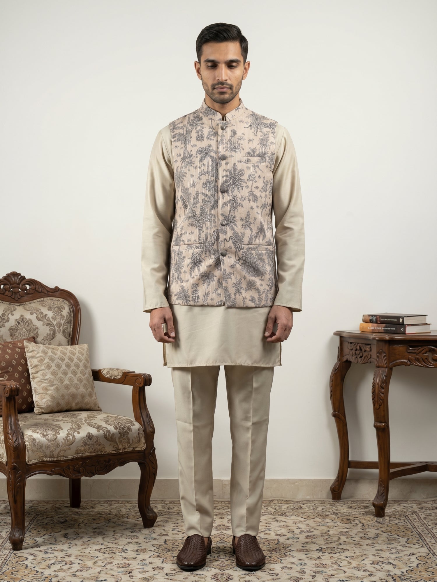 DesiQlo Men Printed Nehru Jacket and Kurta Pyjama Set - - 65 3beige