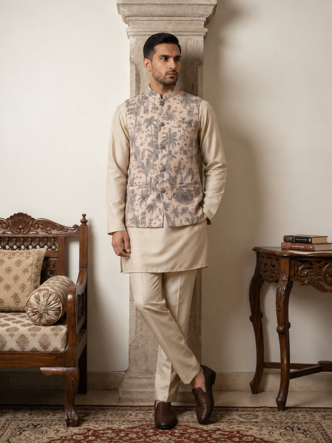 DesiQlo Men Printed Nehru Jacket and Kurta Pyjama Set - - 65 3beige
