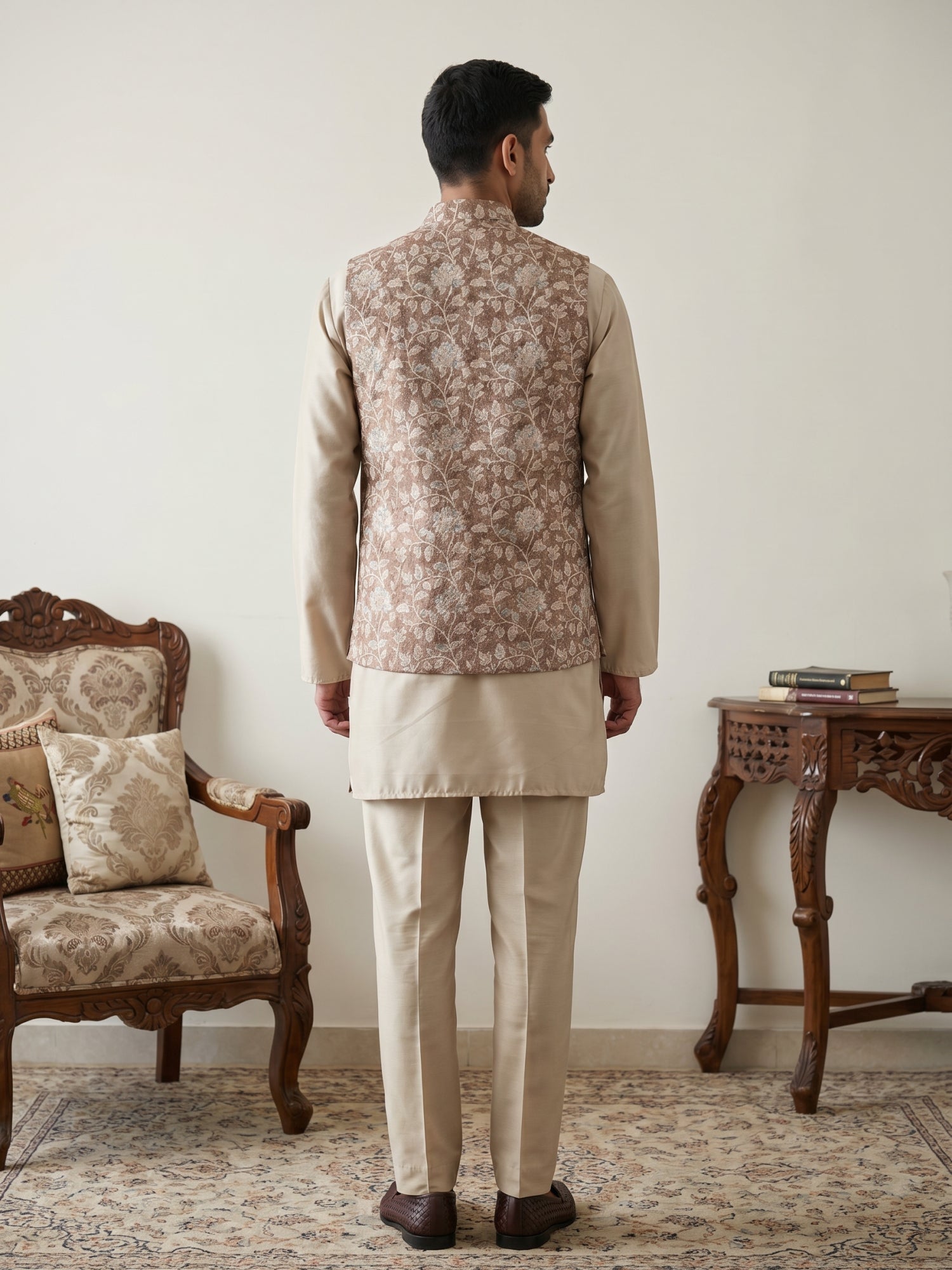 DesiQlo Men Embroidered Nehru Jacket and Kurta Pyjama S - 65 5beige