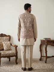 Men Embroidered Ethnic Nehru Jacket with Kurta & Pyjama Set ( 65KPWC 5586BG 4165Beige )