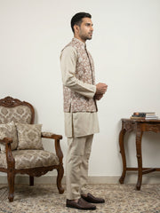 Men Embroidered Ethnic Nehru Jacket with Kurta & Pyjama Set ( 65KPWC 5586BG 4165Beige )