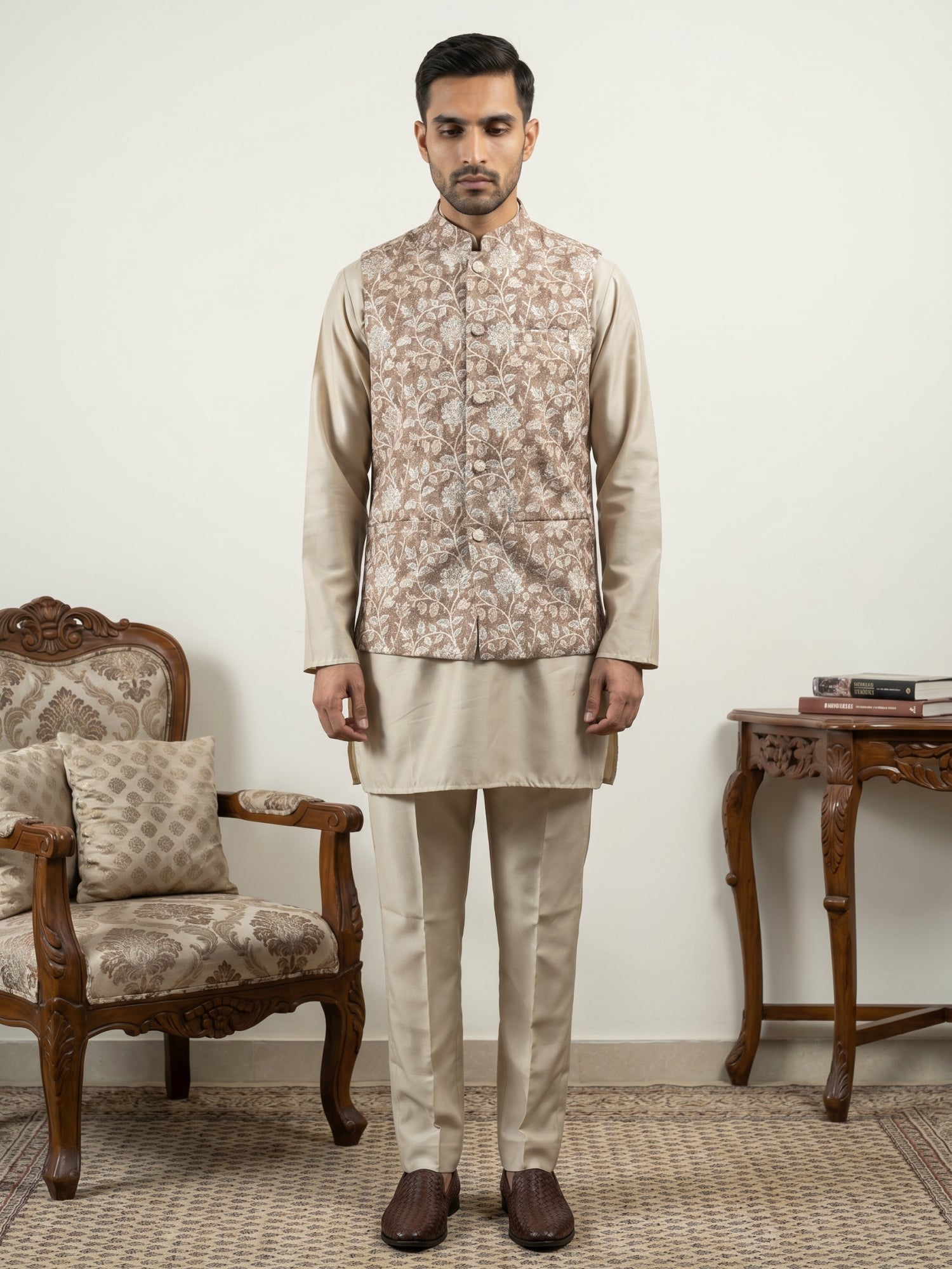 DesiQlo Men Embroidered Nehru Jacket and Kurta Pyjama S - 65 5beige