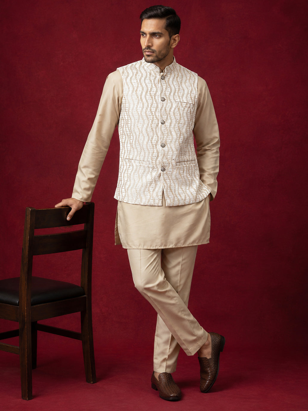 DesiQlo Men Woven Design Nehru Jacket and Kurta Pyjama  - 65 0white