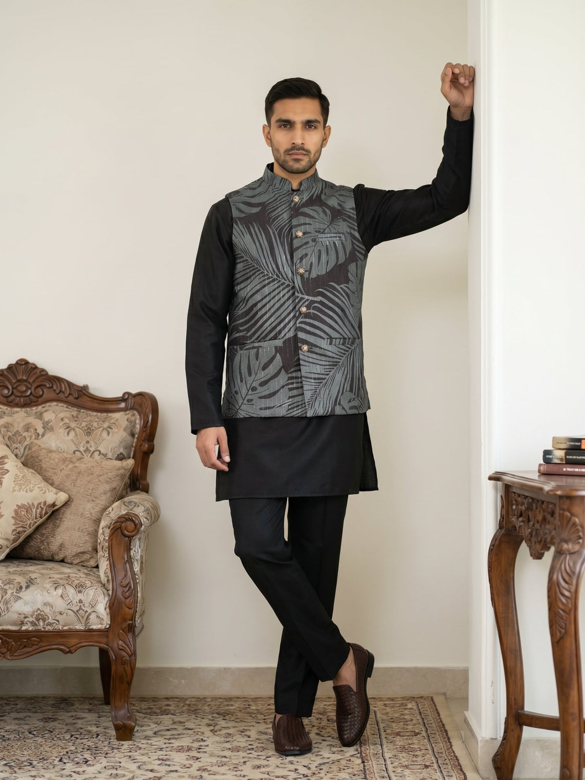 Men Printed Cotton Blend Nehru Jacket with Kurta Set ( 65KPWC 5586B 4158Grey )