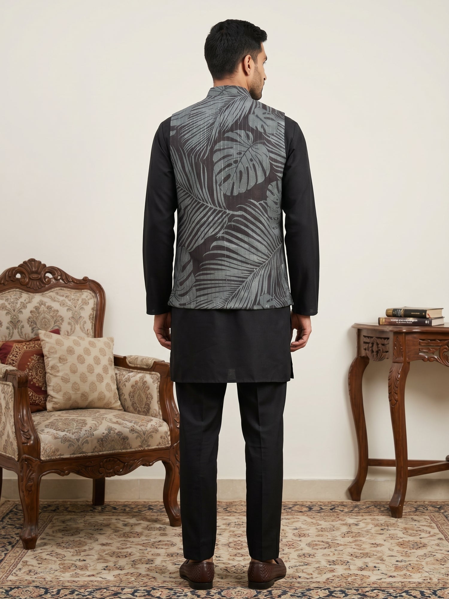 DesiQlo Men Printed Nehru Jacket and Kurta Pyjama Set - - 65KPWC_5586B