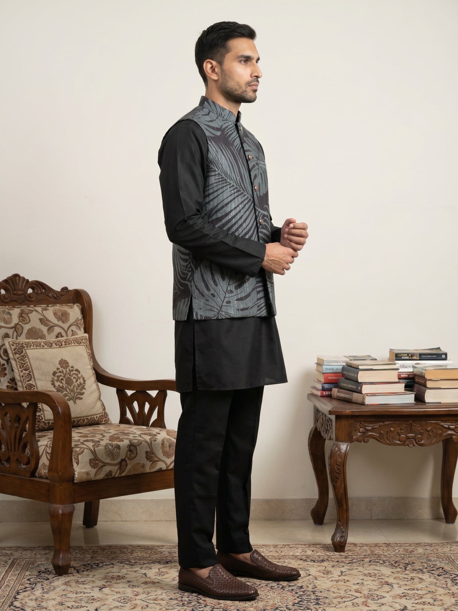DesiQlo Men Printed Nehru Jacket and Kurta Pyjama Set - - 65KPWC_5586B