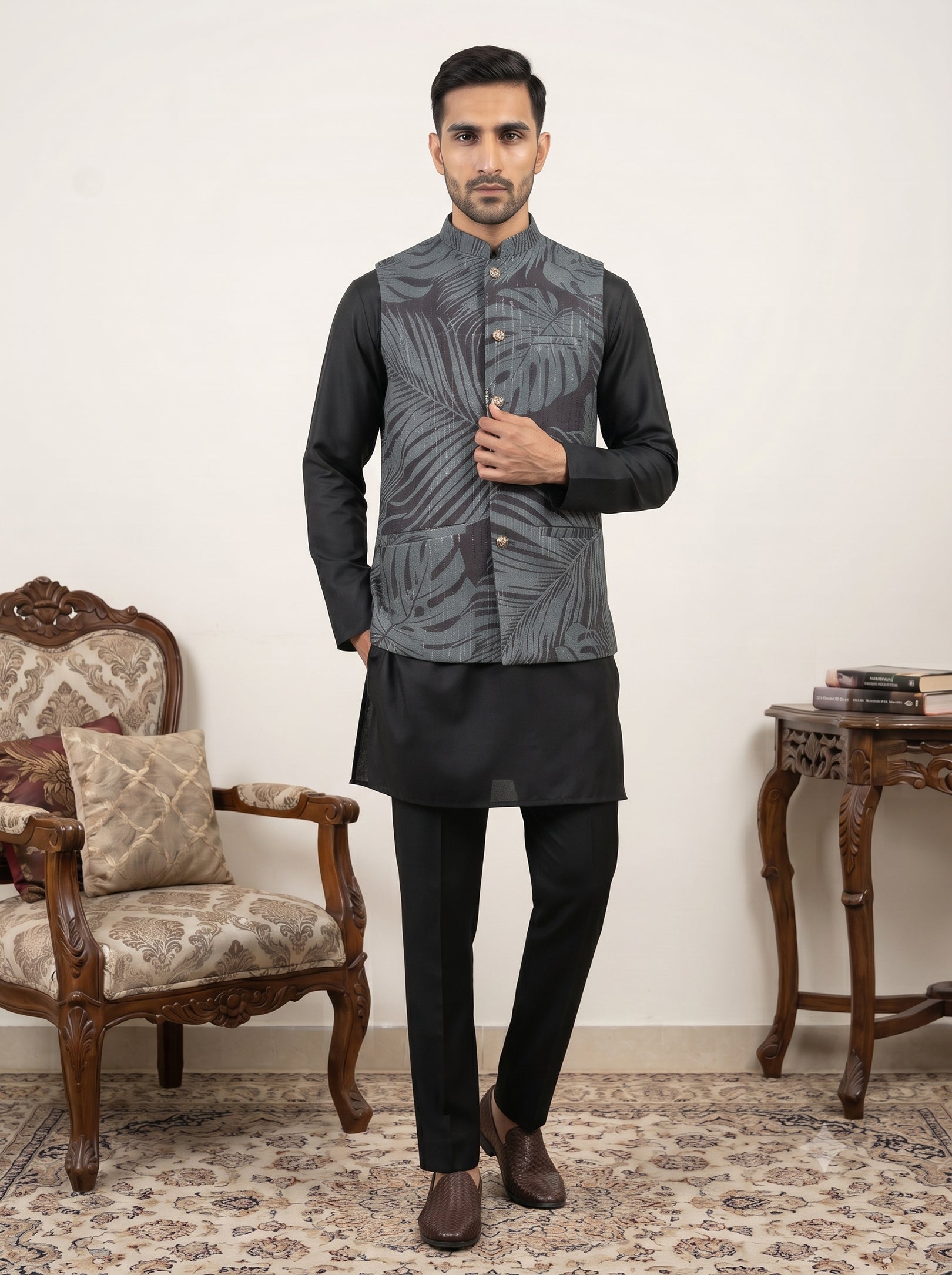 DesiQlo Men Printed Nehru Jacket and Kurta Pyjama Set - - 65KPWC_5586B