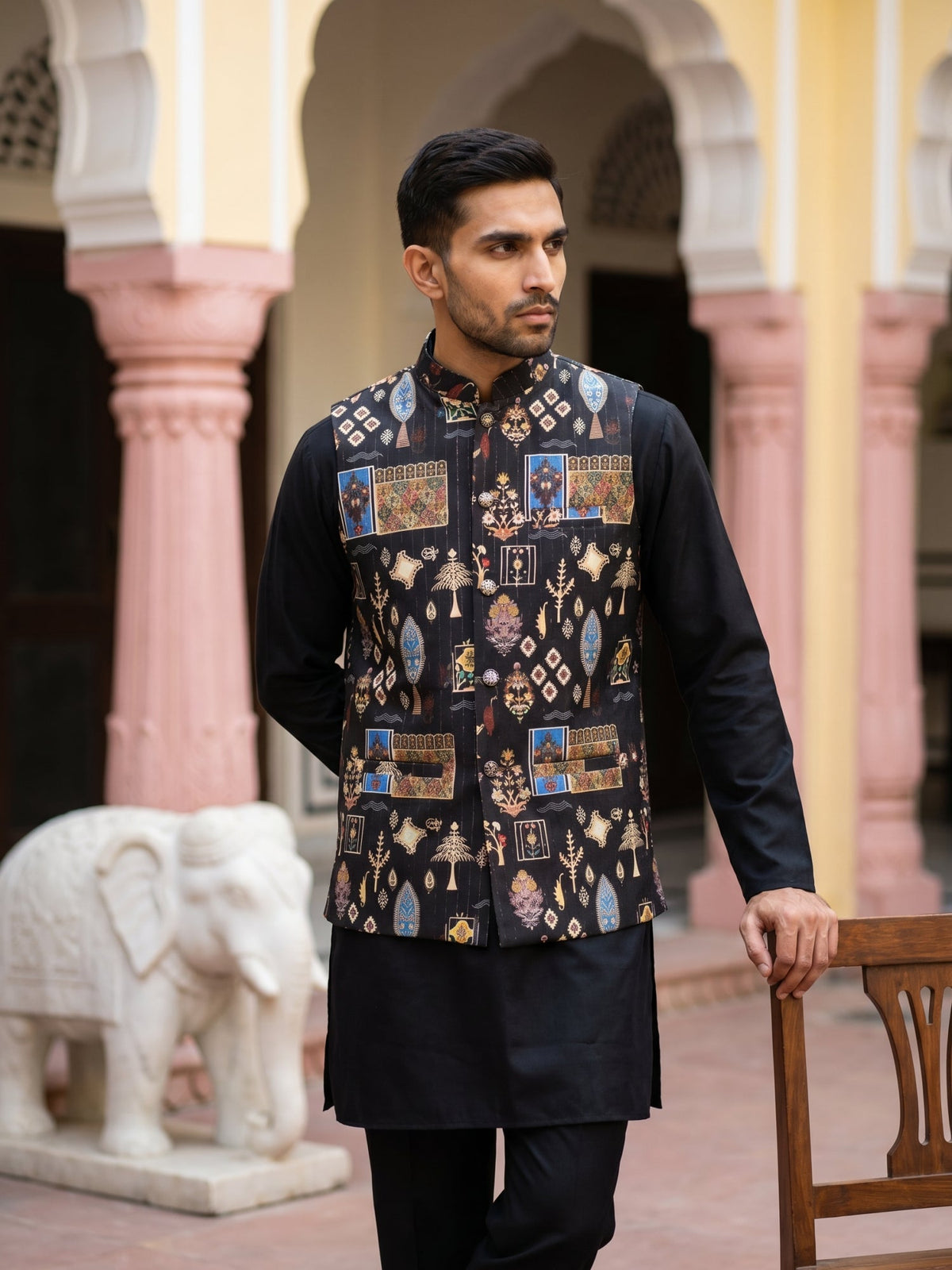 Men Cotton Blend Printed Nehru Jacket with Solid Kurta Set ( 65KPWC 5586B 4159Black )