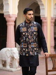 Men Cotton Blend Printed Nehru Jacket with Solid Kurta Set ( 65KPWC 5586B 4159Black )