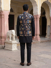 Men Cotton Blend Printed Nehru Jacket with Solid Kurta Set ( 65KPWC 5586B 4159Black )