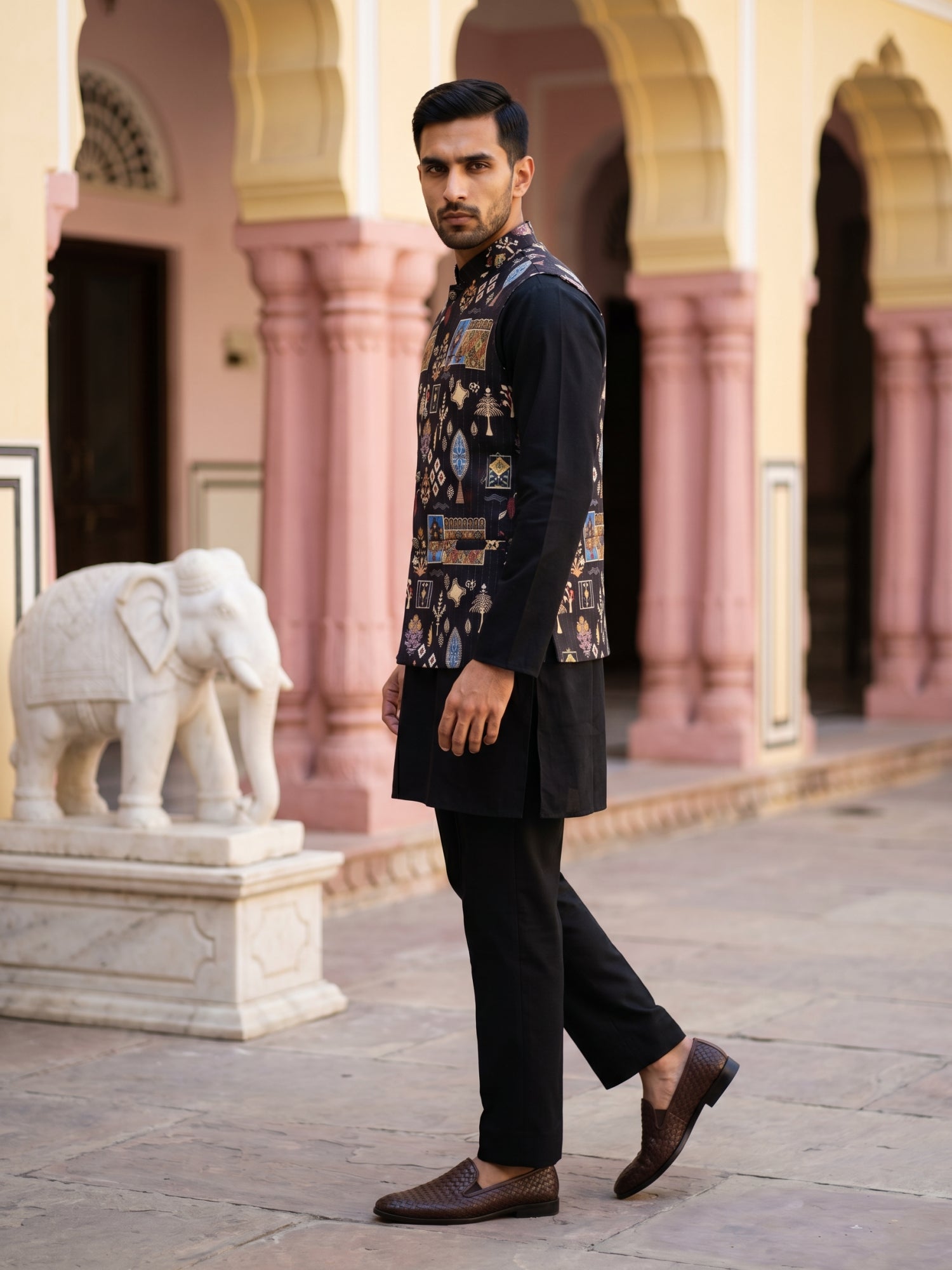 DesiQlo Men Printed Nehru Jacket and Kurta Pyjama Set - - 65 9black