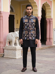 Men Cotton Blend Printed Nehru Jacket with Solid Kurta Set ( 65KPWC 5586B 4159Black )