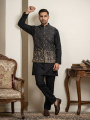 Men Cotton Blend Printed Nehru Jacket Kurta Set ( 65KPWC 5586B 4162Black )