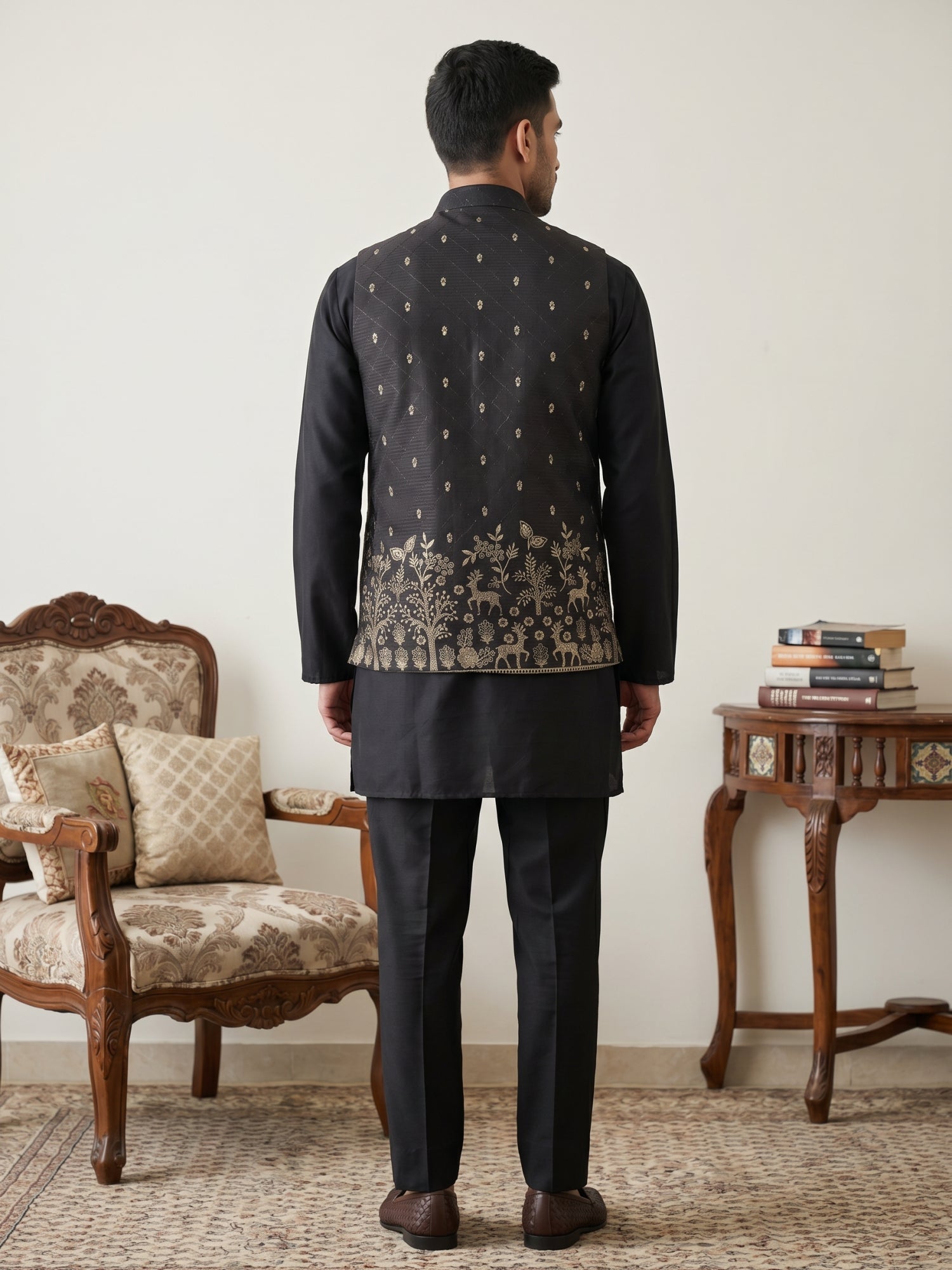 DesiQlo Men Printed Nehru Jacket and Kurta Pyjama Set - - 65 2black