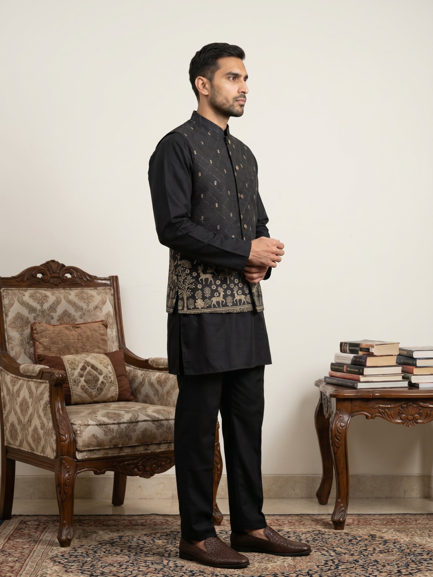 DesiQlo Men Printed Nehru Jacket and Kurta Pyjama Set - - 65 2black