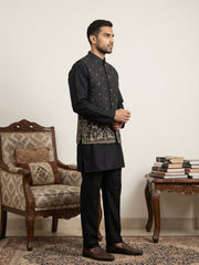 Men Cotton Blend Printed Nehru Jacket Kurta Set ( 65KPWC 5586B 4162Black )