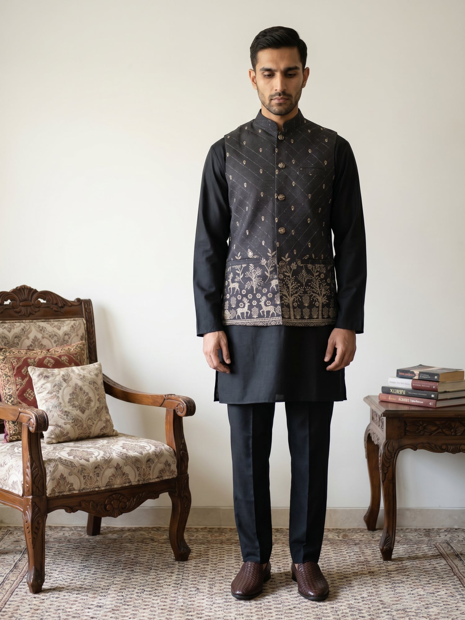 DesiQlo Men Printed Nehru Jacket and Kurta Pyjama Set - - 65 2black
