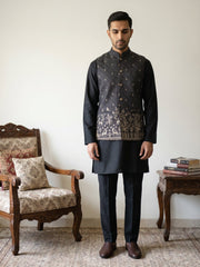 Men Cotton Blend Printed Nehru Jacket Kurta Set ( 65KPWC 5586B 4162Black )