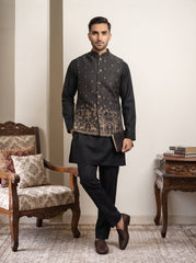 Men Cotton Blend Printed Nehru Jacket Kurta Set ( 65KPWC 5586B 4162Black )