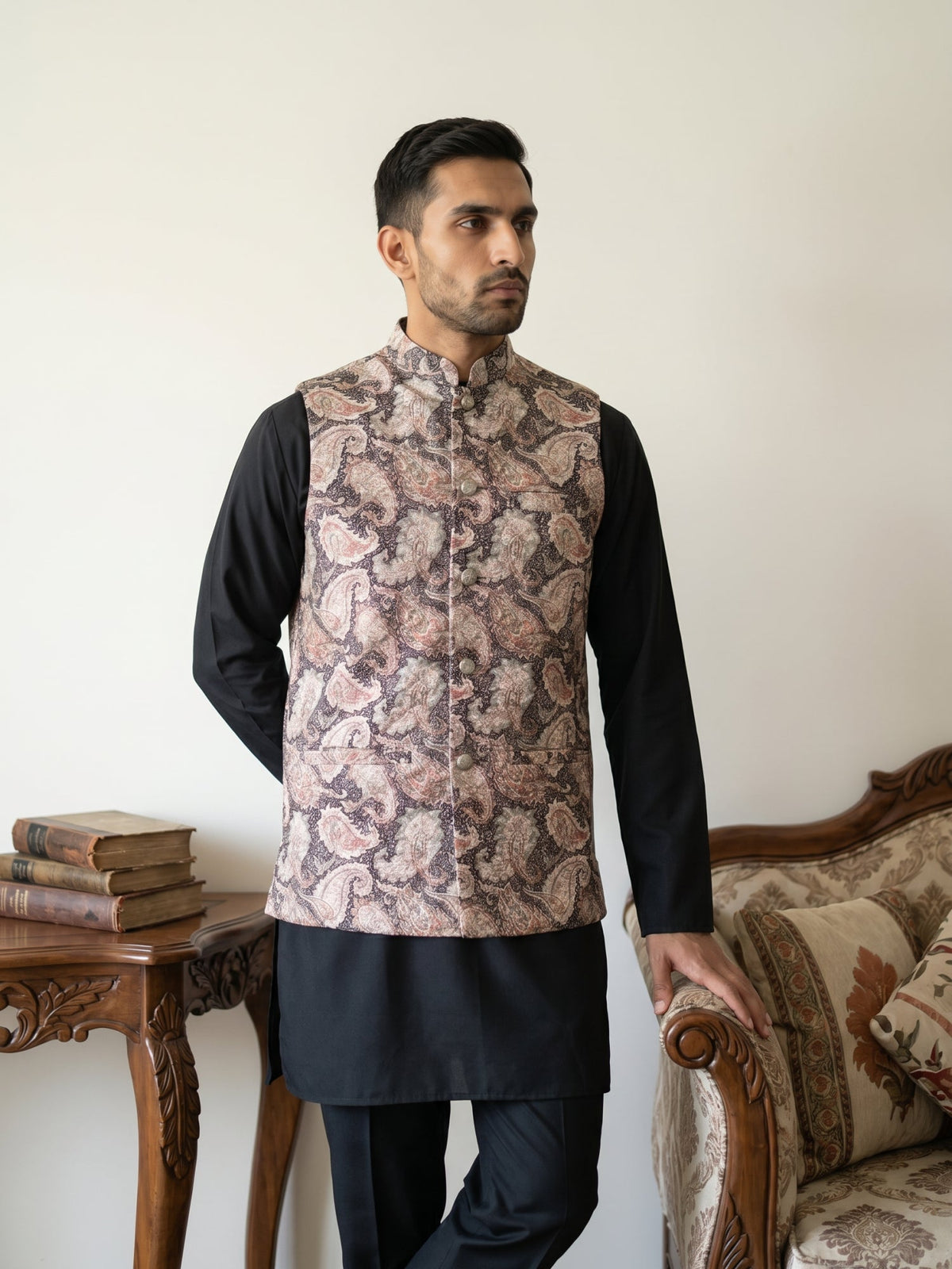 Men Embroidered Ethnic Nehru Jacket with Kurta & Pyjama Set ( 65KPWC 5586B 4164Black )