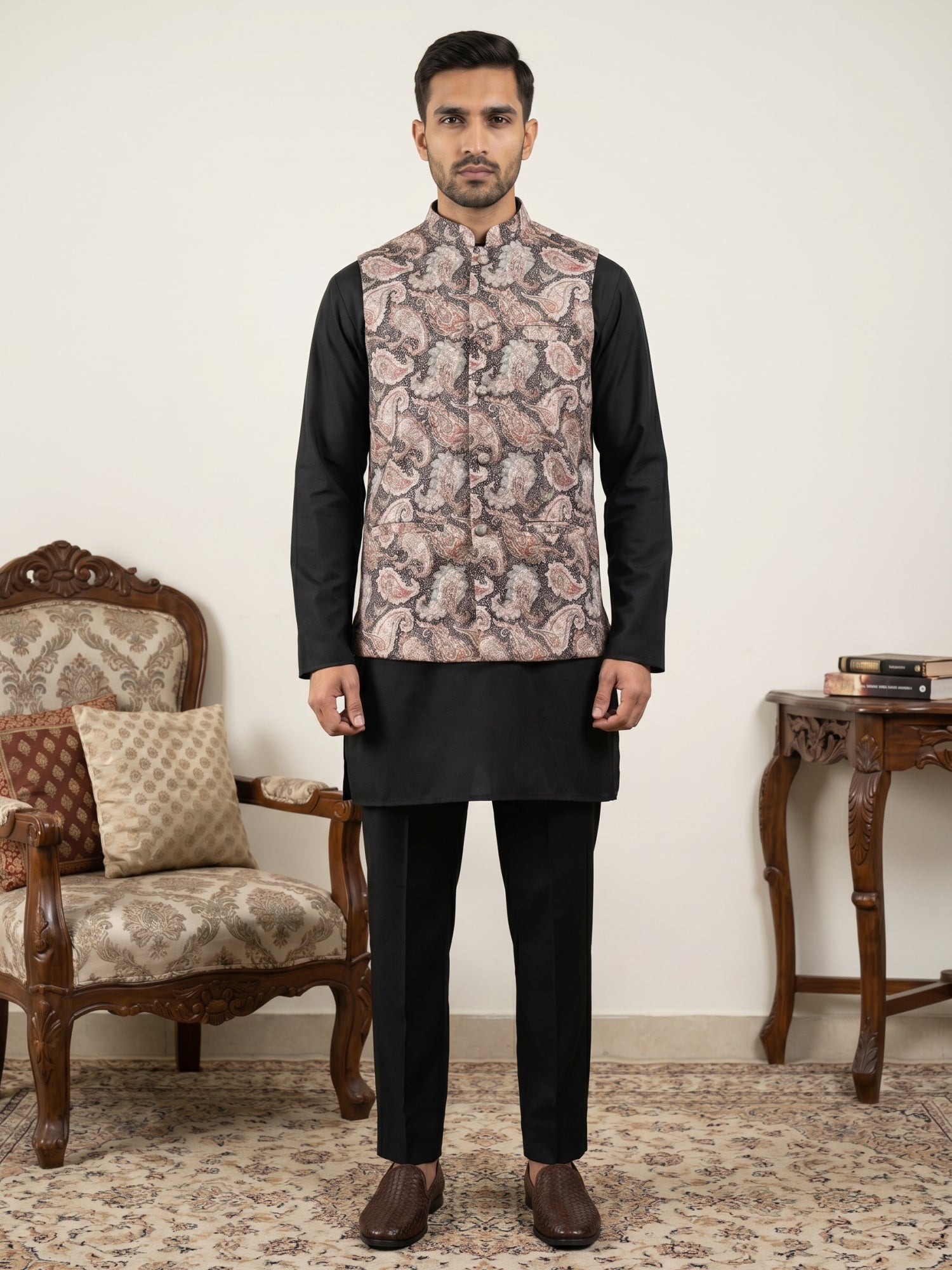 DesiQlo Men Embroidered Nehru Jacket and Kurta Pyjama S - 65 4black