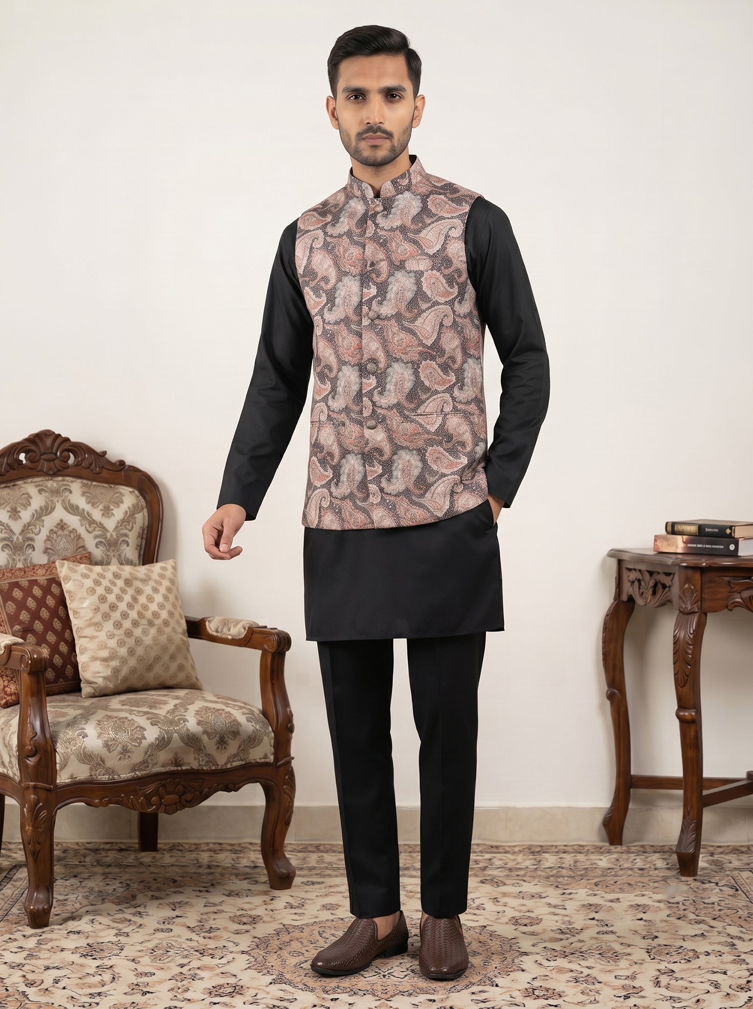DesiQlo Men Embroidered Nehru Jacket and Kurta Pyjama S - 65 4black