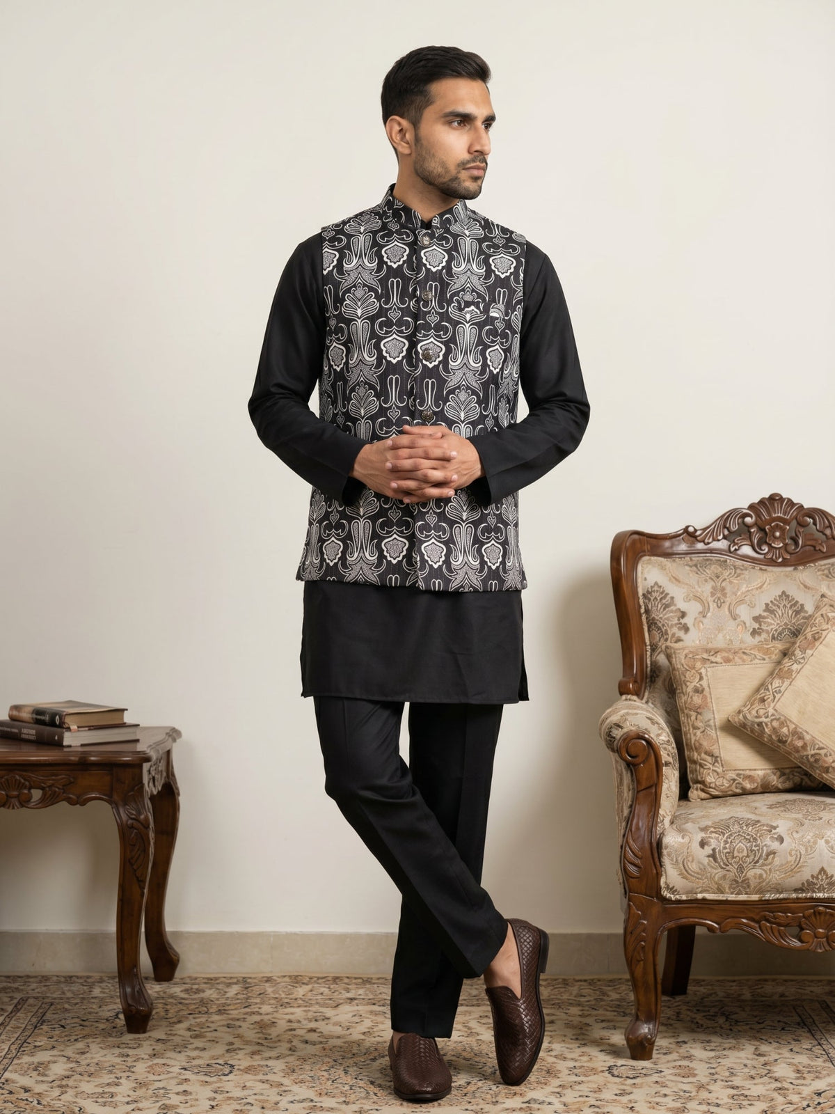 Men Printed Cotton Blend Nehru Jacket with Kurta Set ( 65KPWC 5586B 4168Black )