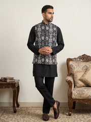 Men Printed Cotton Blend Nehru Jacket with Kurta Set ( 65KPWC 5586B 4168Black )
