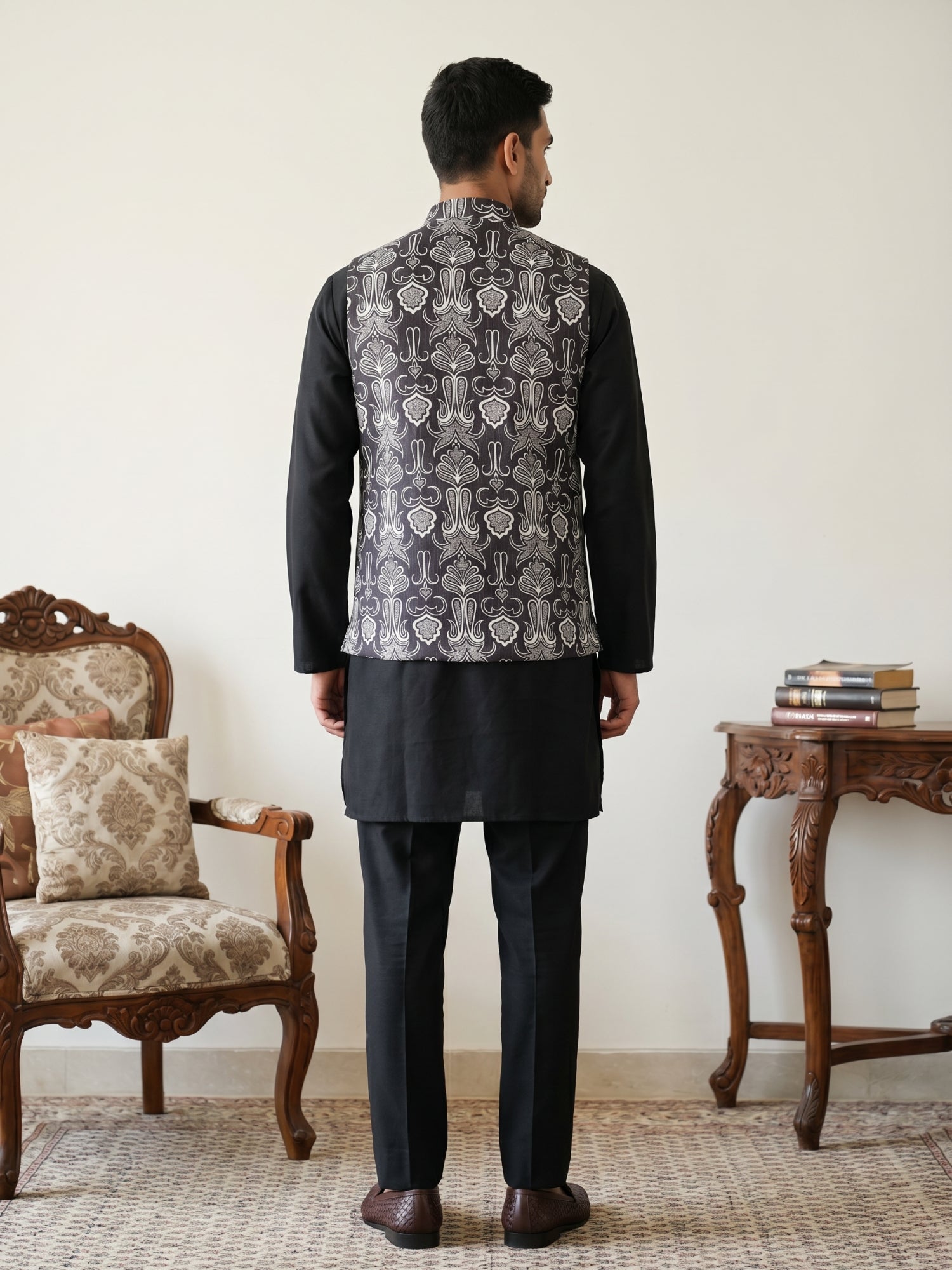 DesiQlo Men Printed Nehru Jacket and Kurta Pyjama Set - - 65 8black