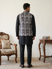 Men Printed Cotton Blend Nehru Jacket with Kurta Set ( 65KPWC 5586B 4168Black )