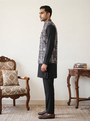 Men Printed Cotton Blend Nehru Jacket with Kurta Set ( 65KPWC 5586B 4168Black )