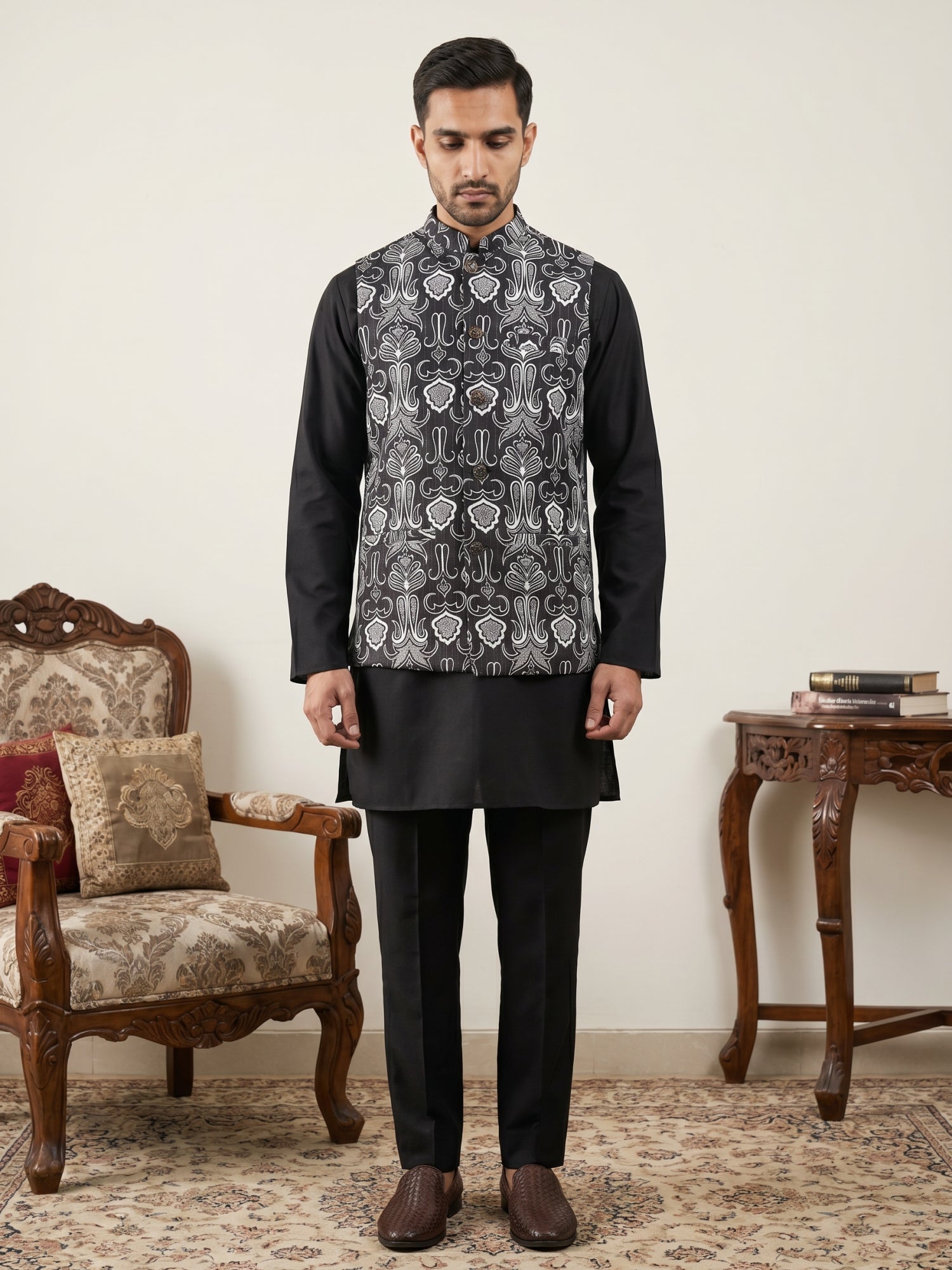 DesiQlo Men Printed Nehru Jacket and Kurta Pyjama Set - - 65 8black