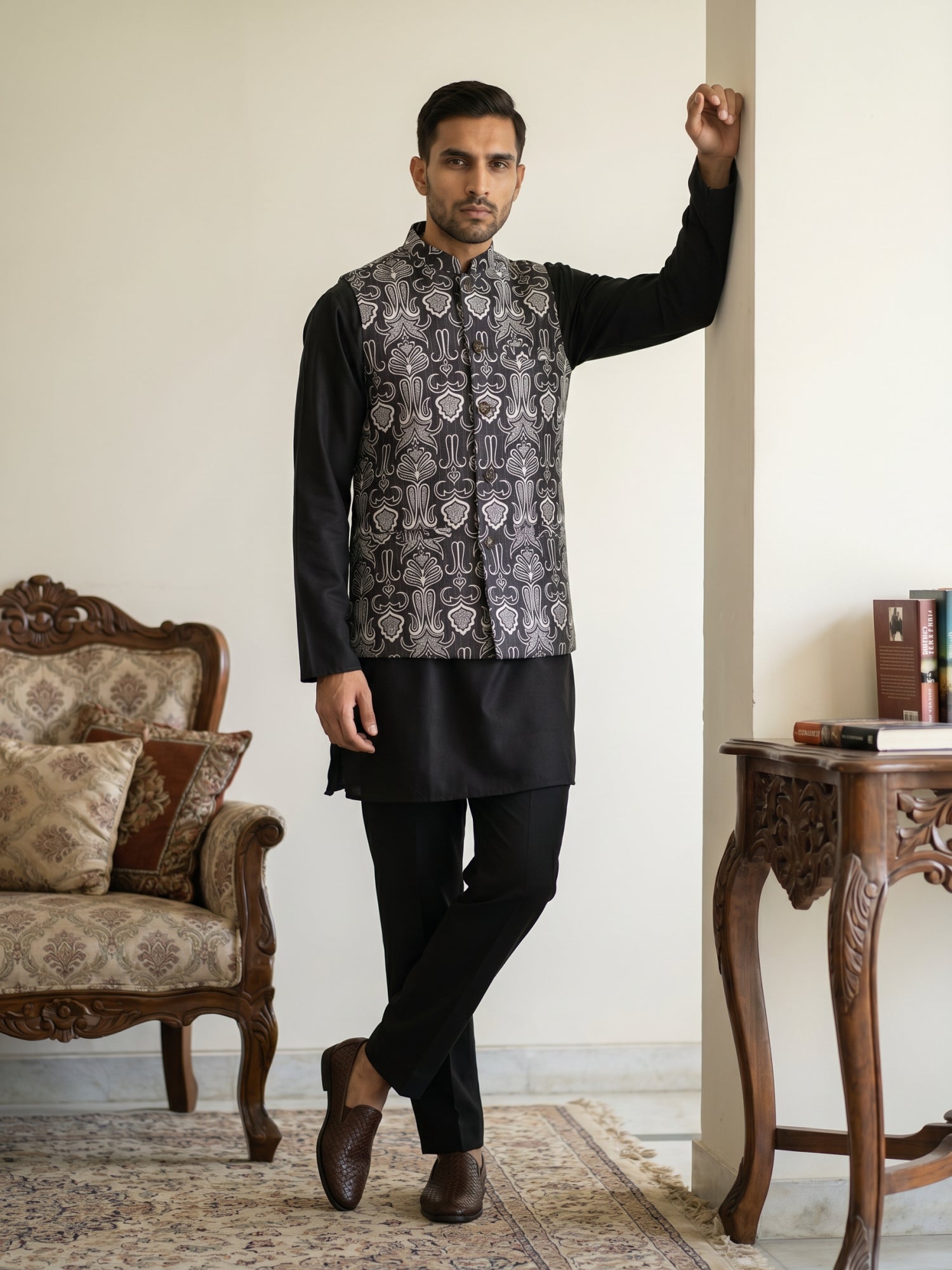 DesiQlo Men Printed Nehru Jacket and Kurta Pyjama Set - - 65 8black