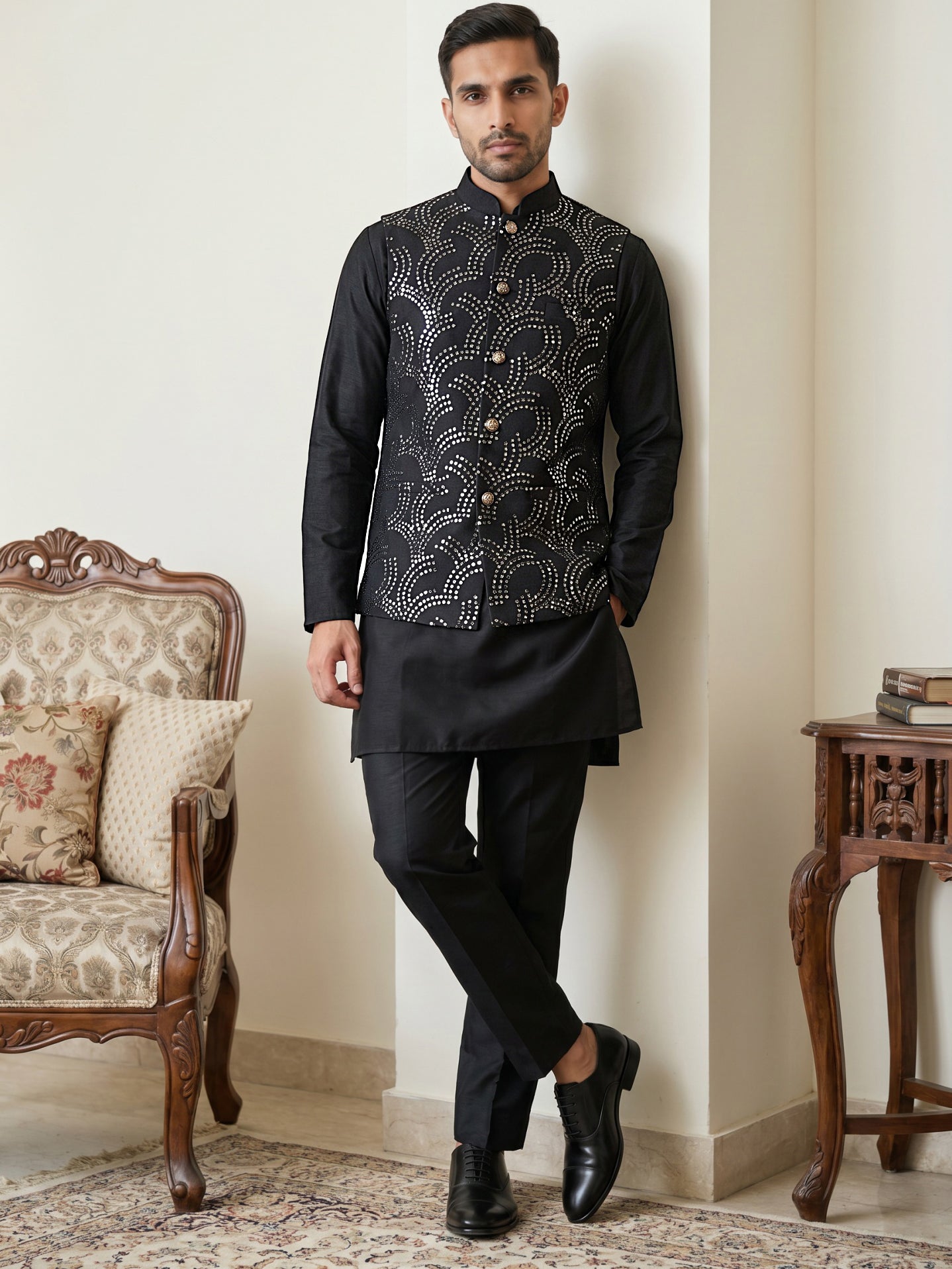 DesiQlo Men Embroidered Nehru Jacket and Kurta Pyjama S - 65 3black