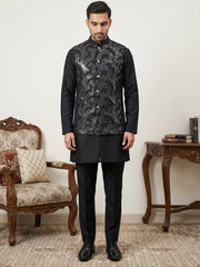 Men's Designer Sequins Nehru Jacket with Kurta Pyjama ( 65KPWC 5586B 4173Black )