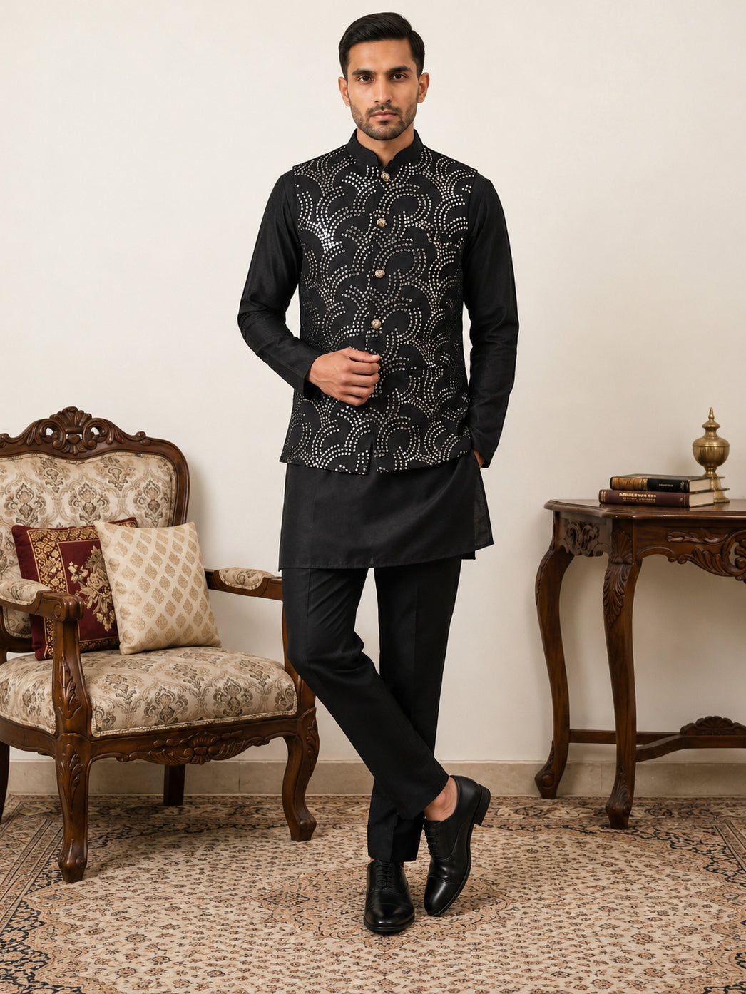 DesiQlo Men Embroidered Nehru Jacket and Kurta Pyjama S - 65 3black