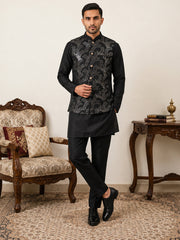 Men's Designer Sequins Nehru Jacket with Kurta Pyjama ( 65KPWC 5586B 4173Black )