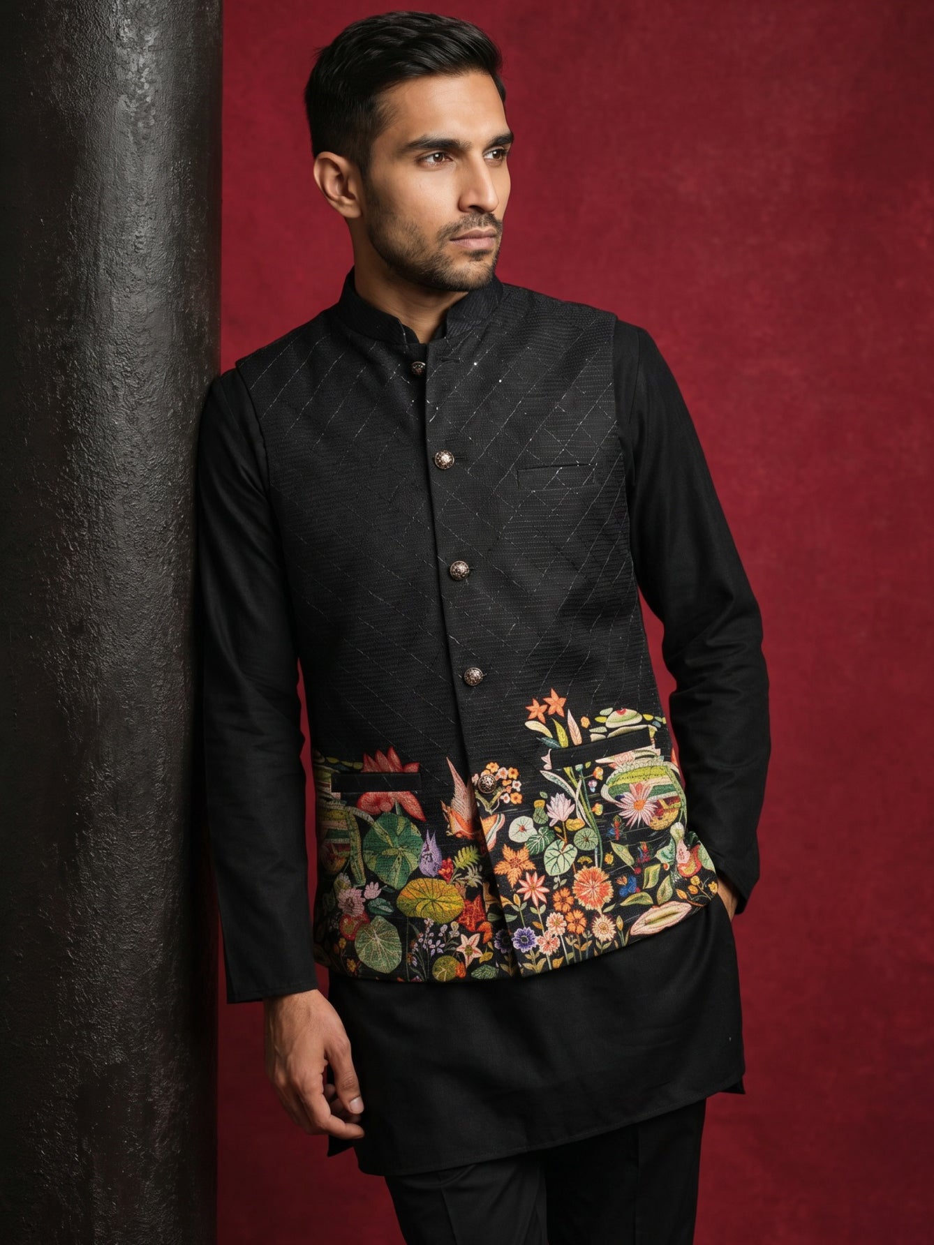 DesiQlo Men Printed Nehru Jacket and Kurta Pyjama Set - - 65 6black