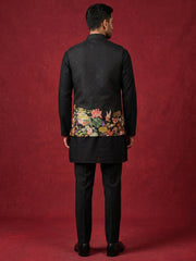 Floral Printed Silk Blend Nehru Jacket Kurta Set ( 65KPWC 5586B 4176Black )