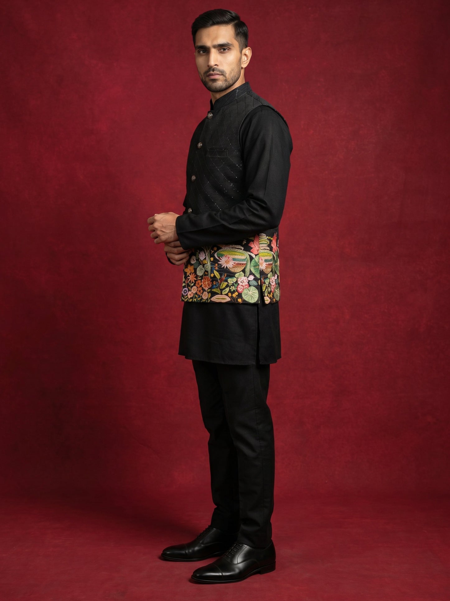 DesiQlo Men Printed Nehru Jacket and Kurta Pyjama Set - - 65 6black