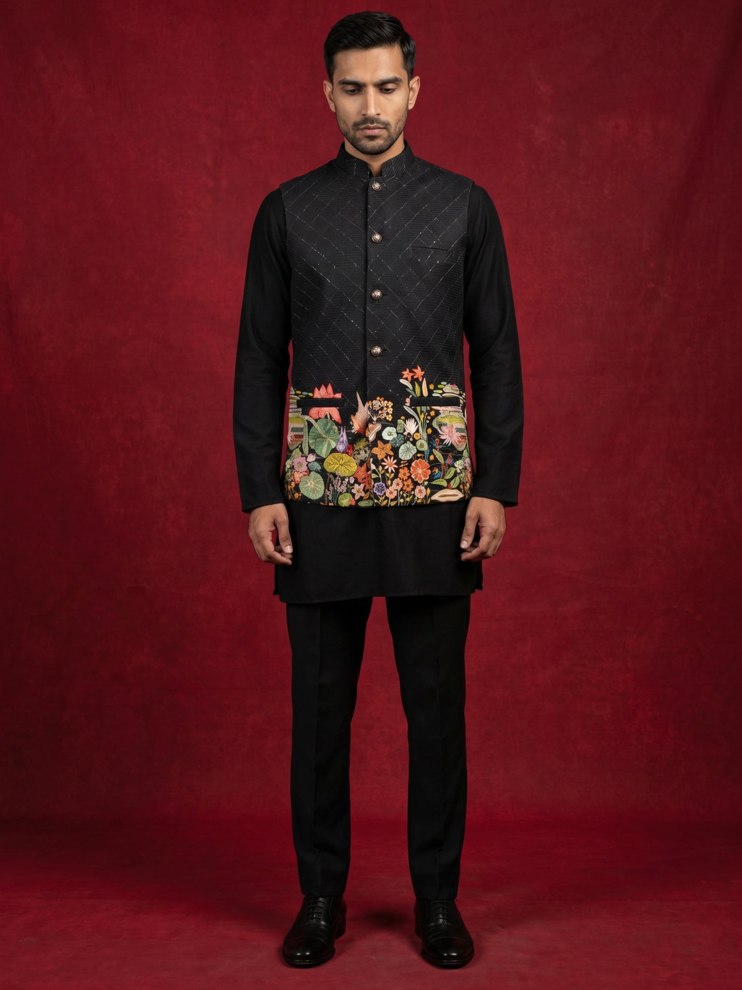 DesiQlo Men Printed Nehru Jacket and Kurta Pyjama Set - - 65 6black