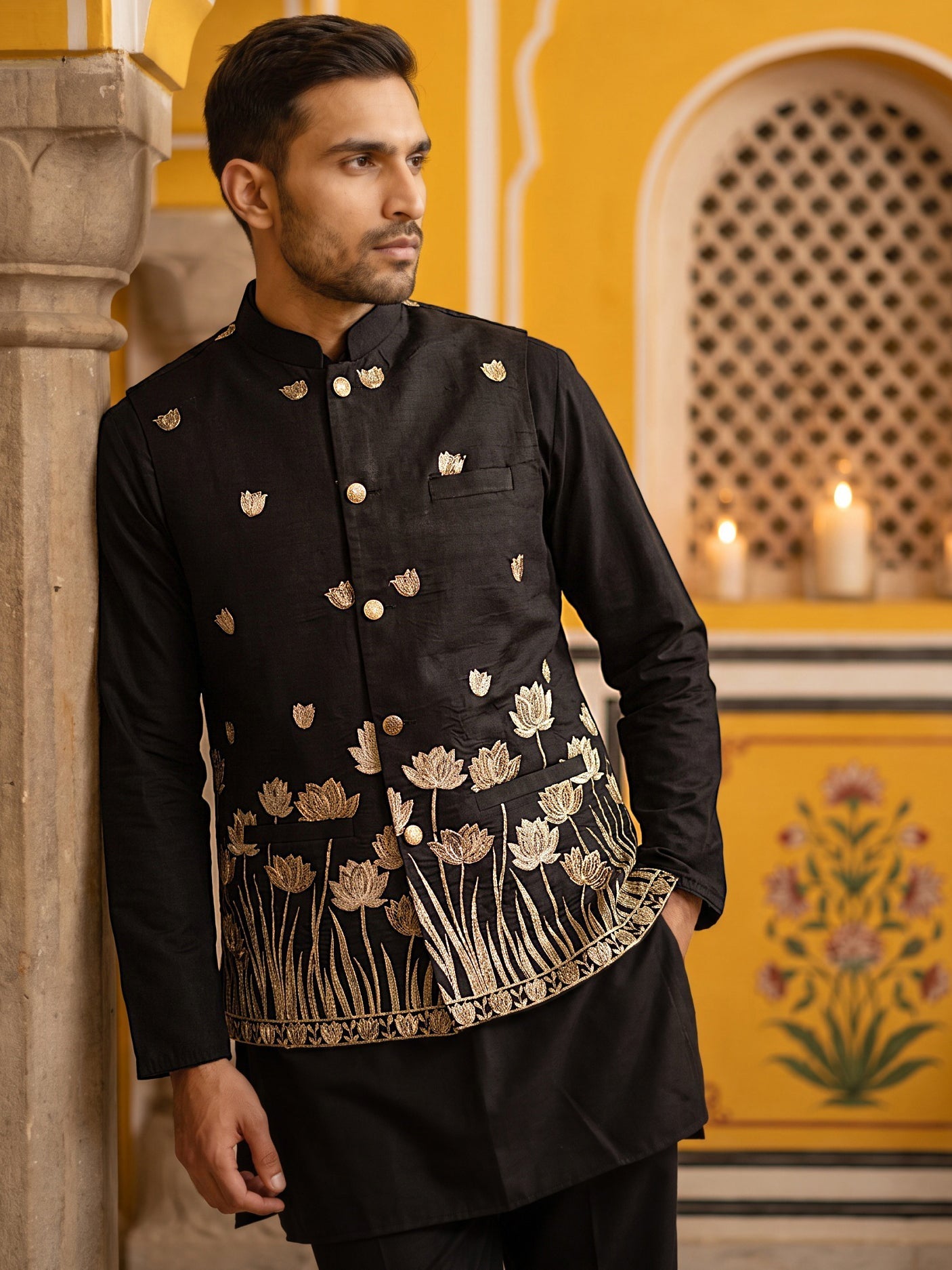 DesiQlo Men Embroidered Nehru Jacket and Kurta Pyjama S - 65KPWC_5586B