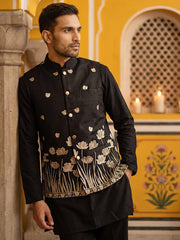Embroidered Nehru Jacket With Kurta Pyjama Set ( 65KPWC 5586B 4181Black )