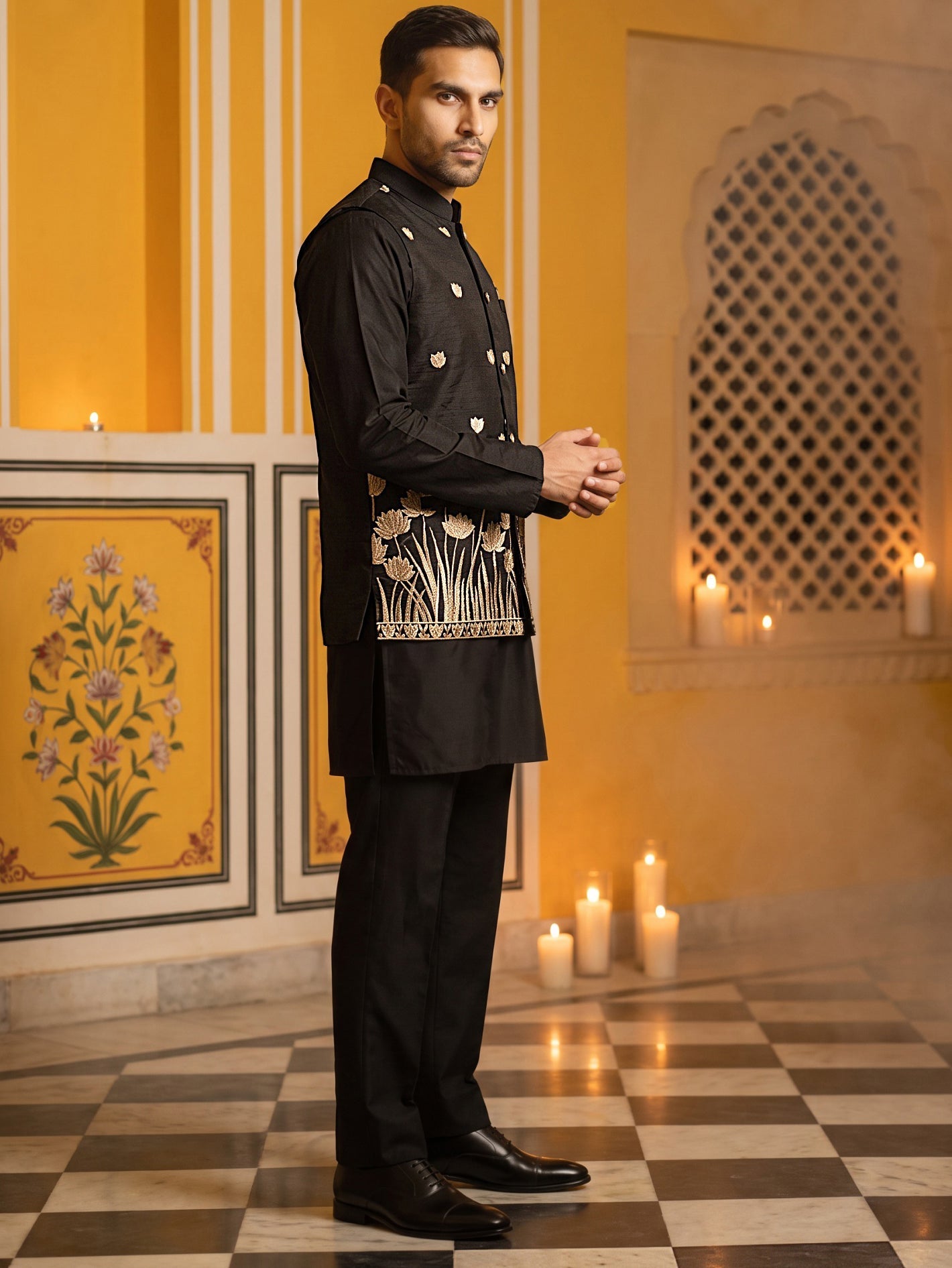 DesiQlo Men Embroidered Nehru Jacket and Kurta Pyjama S - 65KPWC_5586B