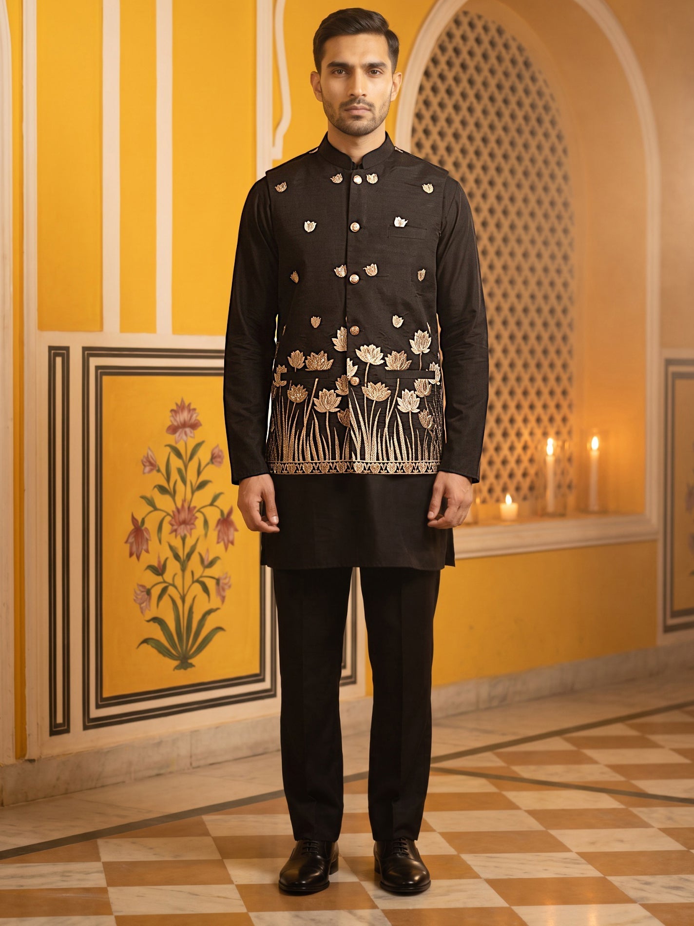 DesiQlo Men Embroidered Nehru Jacket and Kurta Pyjama S - 65KPWC_5586B