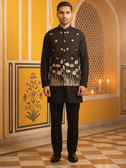 Embroidered Nehru Jacket With Kurta Pyjama Set ( 65KPWC 5586B 4181Black )
