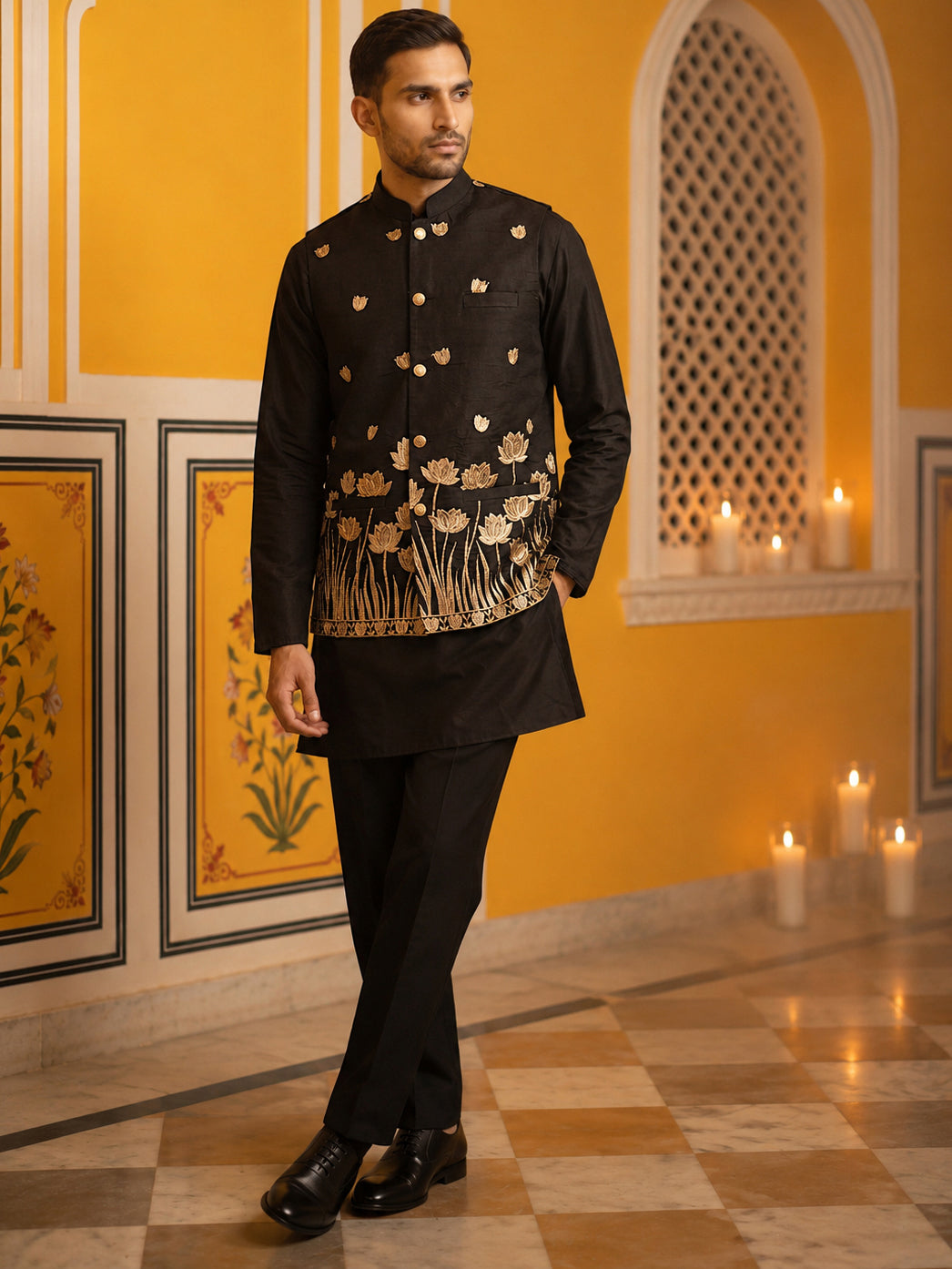 DesiQlo Men Embroidered Nehru Jacket and Kurta Pyjama S - 65KPWC_5586B