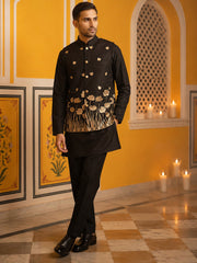Embroidered Nehru Jacket With Kurta Pyjama Set ( 65KPWC 5586B 4181Black )