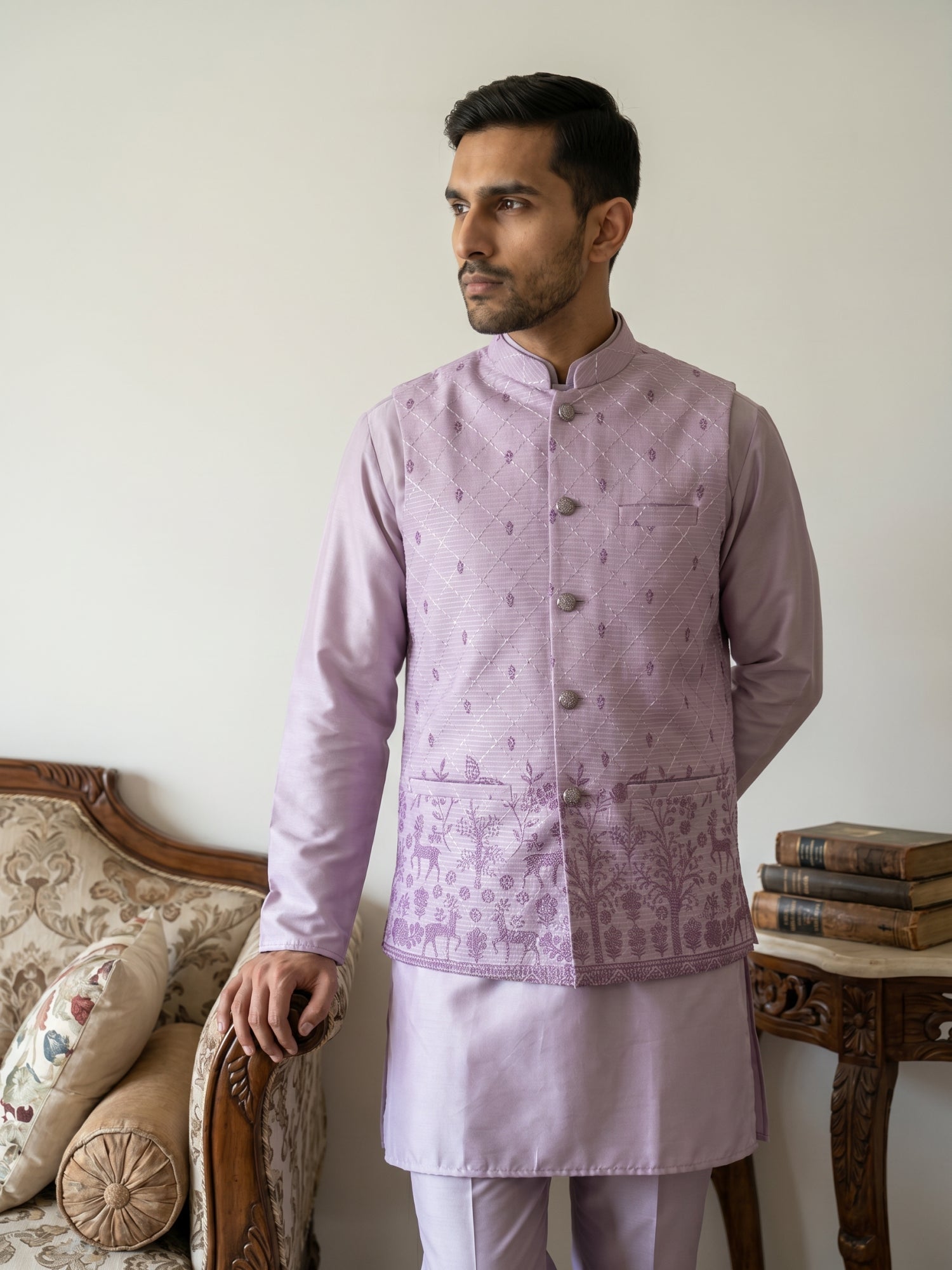 DesiQlo Men Printed Nehru Jacket and Kurta Pyjama Set - - 65KPWC_5586L