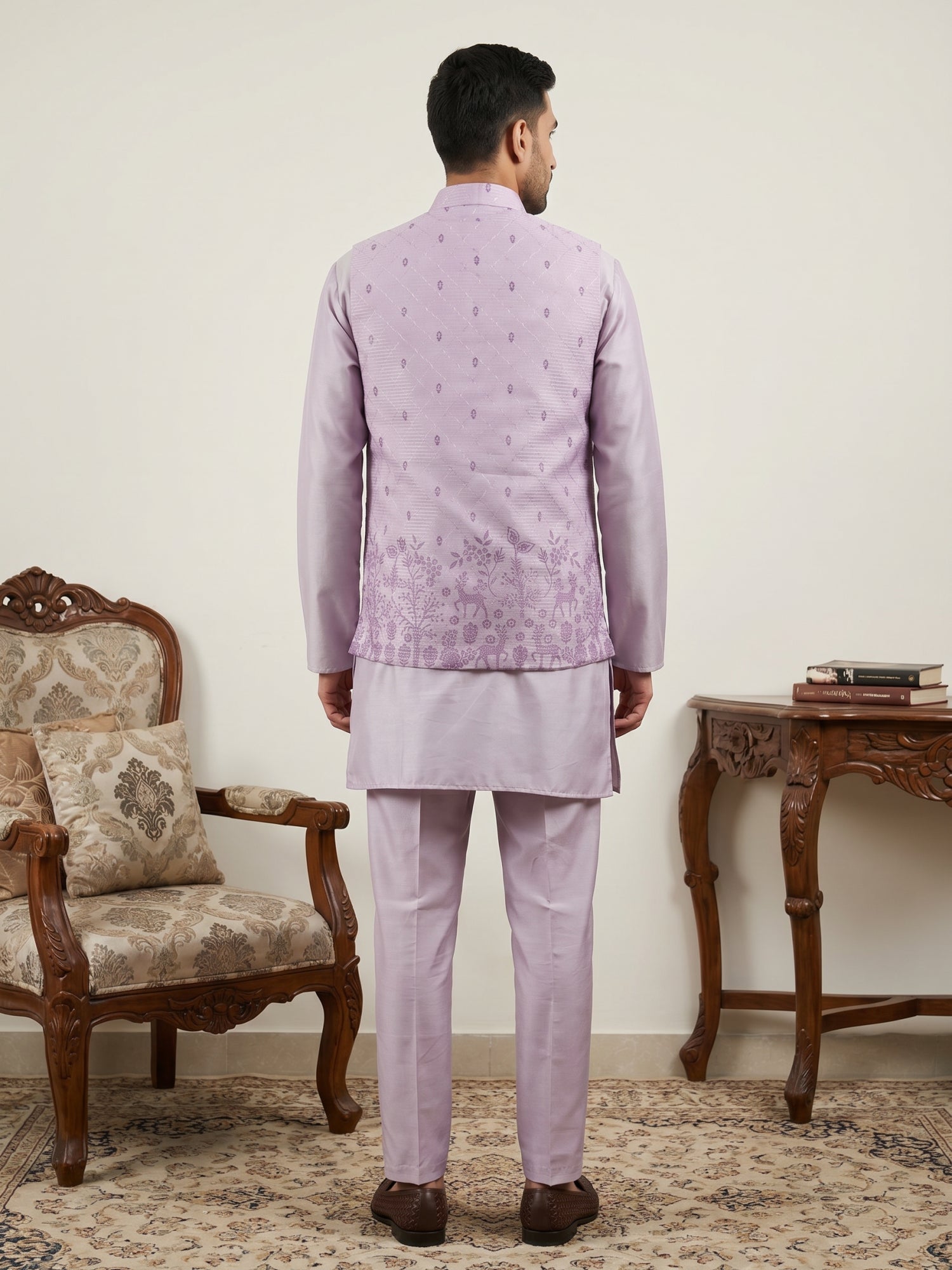 DesiQlo Men Printed Nehru Jacket and Kurta Pyjama Set - - 65KPWC_5586L